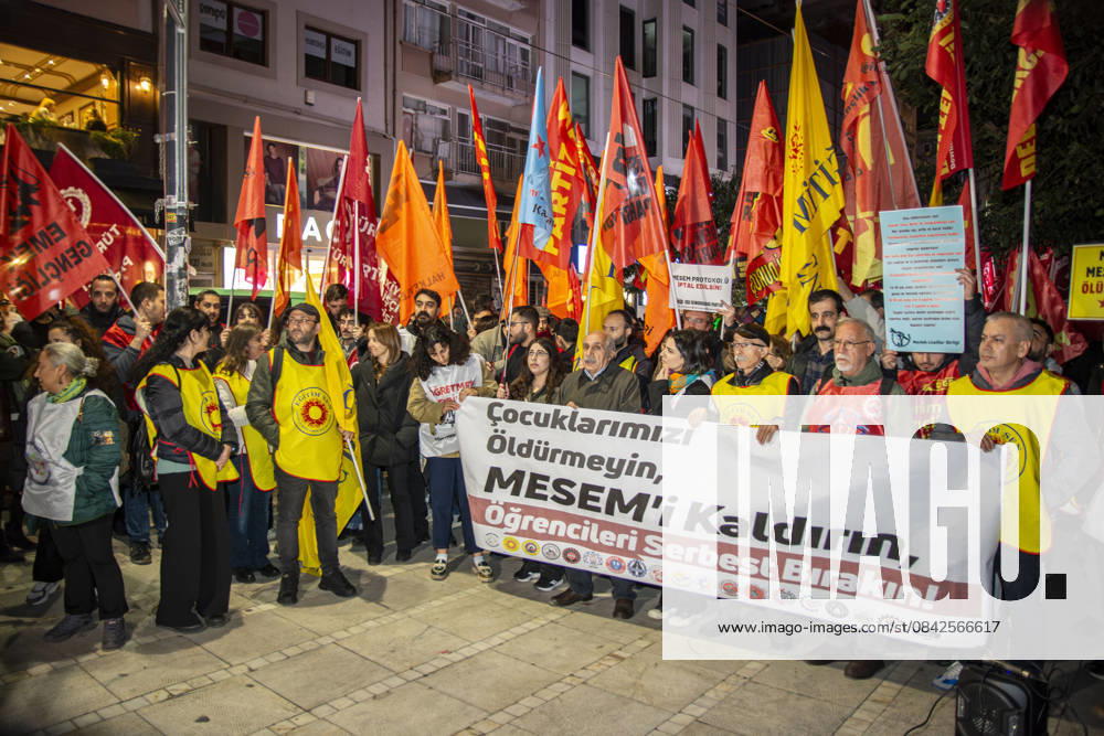 Unions, students, and left-socialist groups gathered in Istanbulâ€⠢s Kadikoy district to protest the governmentâ€⠢s MESEM (Vocational Education Centers) policy, criticizing it for promoting child labor and precarious working conditions. Demonstrators held banners and chanted slogans demanding the abolition of MESEM practices and stronger protections for young workers. Istanbul Turkey - ZUMAt171 20251210_zip_t171_002