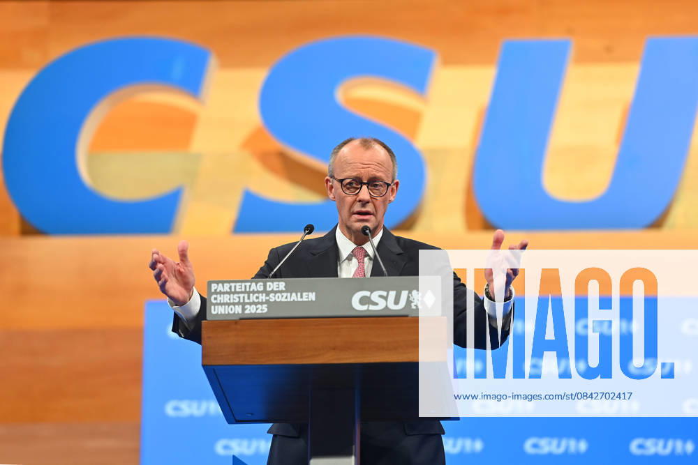 Speech Federal Chancellor Friedrich MERZ CDU at the lectern CSU Party Congress 2025 on 12 and 13 12 2025 MESSE MUENCHEN