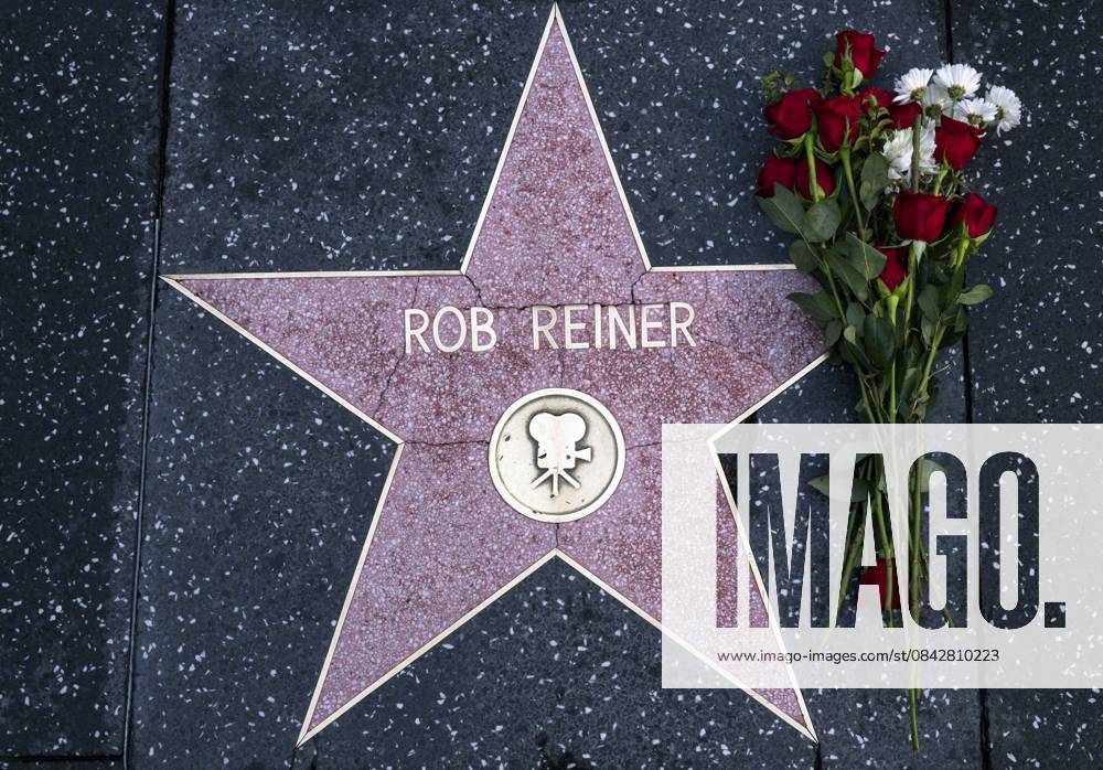 Hollywood, California, USA - Flowers are left on Hollywood Boulevard in remembrance of Hollywood icon Rob Reiner, who was found stabbed to death along with his wife, Michele Singer Reiner, yesterday in their Brentwood home. The Reiners so, Nick Reiner, 32, has been arrested in connection with the murder and is being held on a $4 million bail. Hollywood USA - ZUMAce6_ 20251215_zaf_ce6_001
