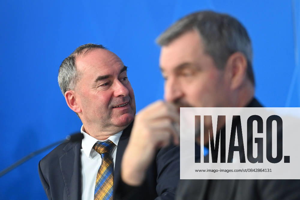 From left Hubert AIWANGER Free Voters, Bavarian Minister of Economic Affairs, Markus SOEDER State Premier of Bavaria and CSU Chairman Portrait, Portrait Press conference of the Bavarian State Government after cabinet meeting on 16 12 2025 in the Prinz Carl Palais in Munich