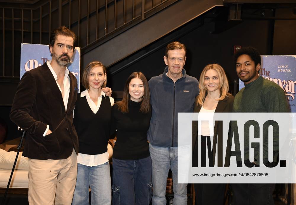 NEW YORK, NY - DECEMBER 16: Hamish Linklater, Miriam Silverman, Anna Mirodin, Dylan Baker, Madeline Brewer and Kelvin Harrison Jr. at the Audible Theaters world premiere preview of The Disappear, a new comedy opening in January 2026 at Sheen Center Frank Shiner Theater on December 16, 2025 in New York City.