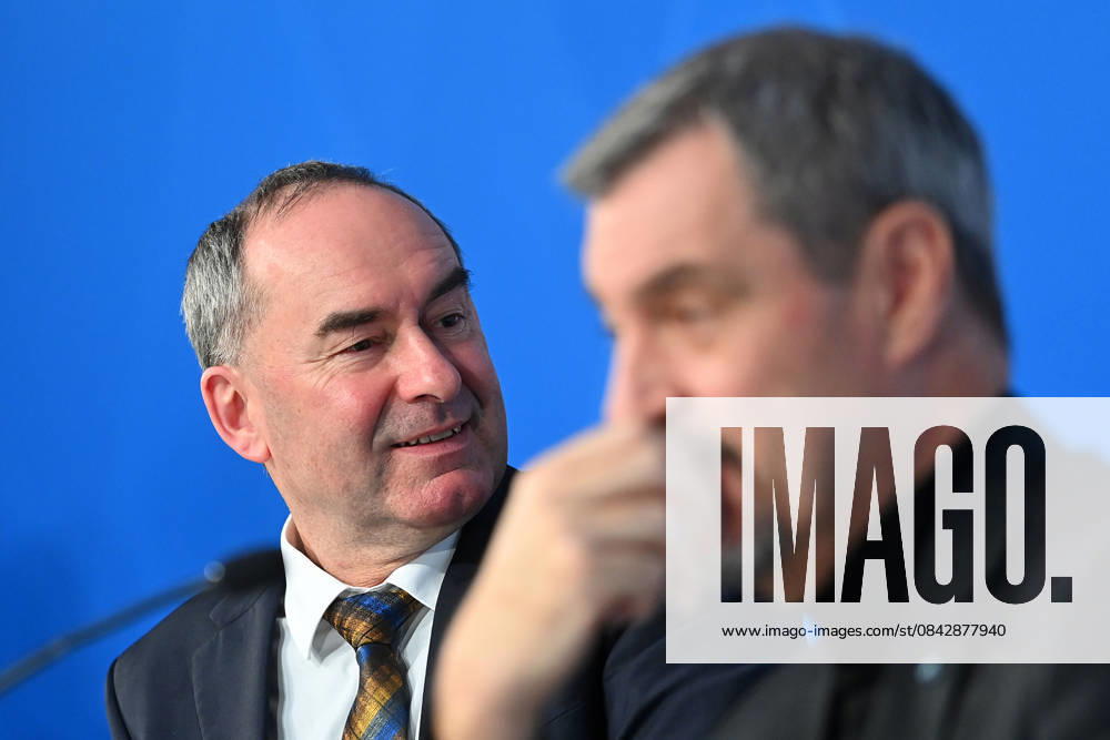 From left Hubert AIWANGER Free Voters, Bavarian Minister of Economic Affairs, Markus SOEDER State Premier of Bavaria and CSU Chairman, portrait, portrait press conference of the Bavarian State Government after cabinet meeting on 16 12 2025 in the Prinz Carl Palais in Munich