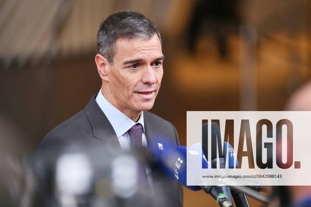 Europe Building EU Summit Pedro Sánchez, Prime Minister of Spain, gives a press statement before the start