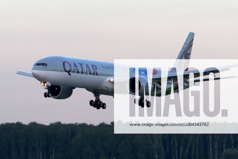 A Boeing 777 jet airliner owned by Qatar Airways and painted in a new 2022 FIFA World Cup livery, makes a landing at Domodedovo International Airport. Marina Lystseva TASS TS088C45