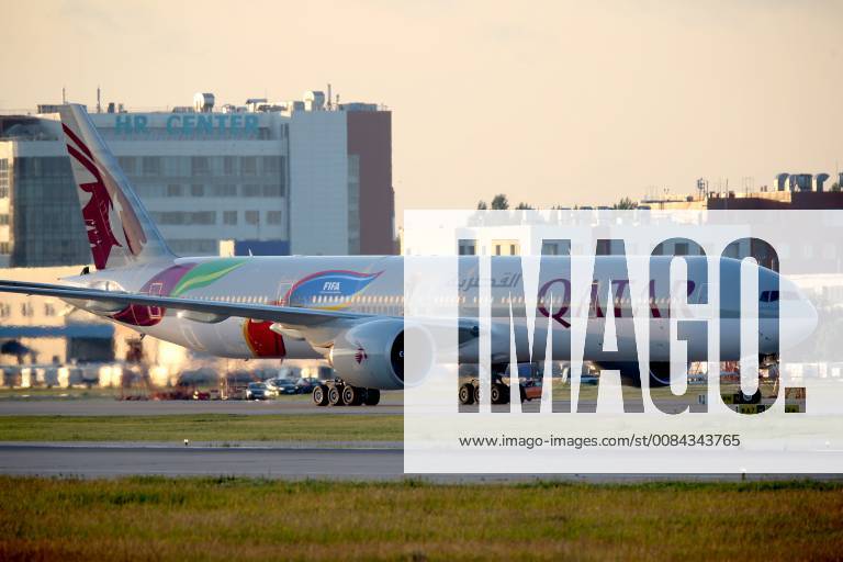 A Boeing 777 jet airliner owned by Qatar Airways and painted in a new 2022 FIFA World Cup livery, makes a landing at Domodedovo International Airport. Marina Lystseva TASS TS088C48
