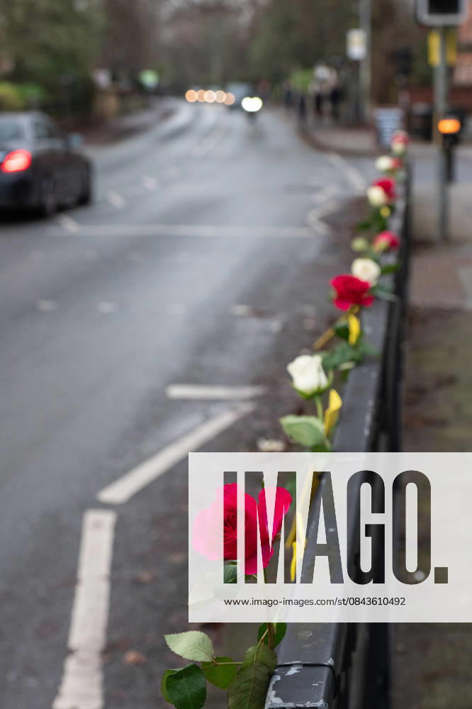 Roses adorn the side of the road ahead of the funeral procession of Gary Mani Mounfield, Bass Player in the Stone Roses and Primal Scream, in Heaton Moor, Stockport on 22 December 2025. 22 12 2025 Stockport Greater Manchester England Heaton Moor