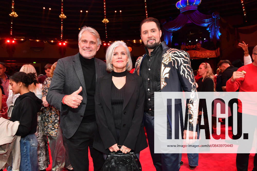 Birgit Schrowange with husband Frank Sporthelfer and Martin Lacey jr Premiere winter season 2025 Circus Krone Ich Du, Wir Krone Manege Kronebau Munich December 25, 2025