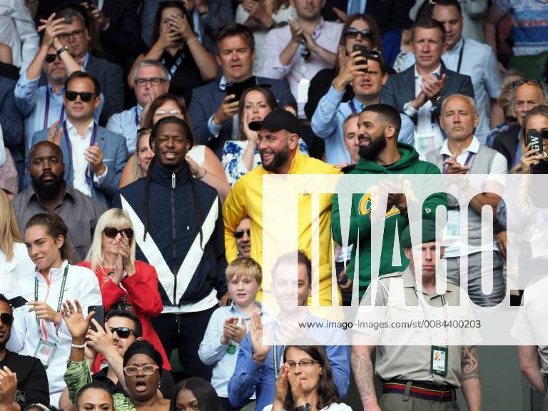 Rapper Drake attends and cheers on Serena Williams day eight of the Wimbledon Tennis Championships at the All England Lawn Tennis and Croquet Club on July 10, 2018 in London, England.