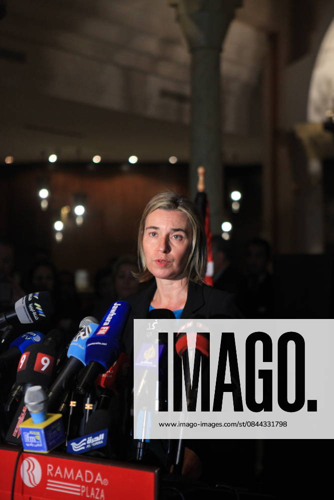 High Representative of the Union for Foreign Affairs and Security Policy Federica Mogherini TUNIS, TUNISIA - JANUARY 08 : High Representative of the European Union for Foreign Affairs and Security Policy Federica Mogherini speaks during a press conference after a meeting with Libyan Prime Minister Fayez Sarraj (not pictured) in Tunis, Tunisia, 08 January 2016. Tunus Tunisia. Editorial use only. Please get in touch for any other usage.