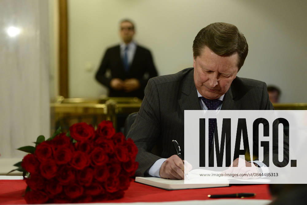 Condolence book placed outside Turkish Embassy in Moscow MOSCOW, RUSSIA - OCTOBER 12: Head of Kremlin Administration Sergey Ivanov writes on a condolence book placed for the 97 people who lost their lives in Ankara train station bombings, at the Turkish Embassy in Moscow, Russia on October 12, 2015. Moskova Rusya. Editorial use only. Please get in touch for any other usage.
