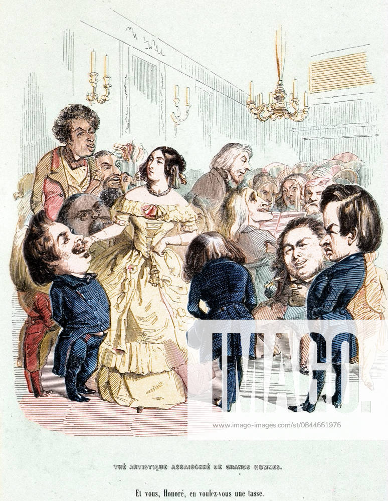 George Sand (1804-1876) entouree : Eugene Sue, Honore de Balzac, Franz Listz et Victor Hugo - in Jerome Paturot: a la recherche d une position sociale par Louis Reybaud, illustration d apres Grandville