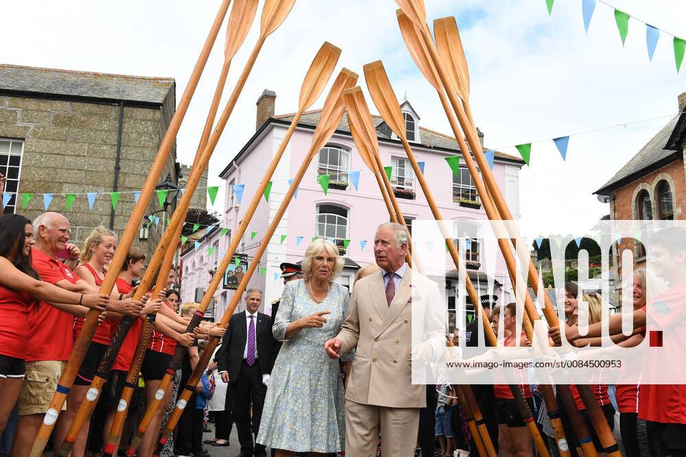. 16 07 2018. Fowey, United Kingdom. Prince Charles the Duchess of Cornwall visit Cornwall. The Duke and Duchess of Cornwall visit the celebration of Fowey festival meeting local businesses, representatives from Fowey gig club and members of the RNLI on Fowey Quay. xAndrewxParsonsx xi-Imagesx IIM-18220-0001