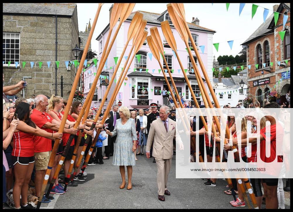 . 16 07 2018. Fowey, United Kingdom. Prince Charles the Duchess of Cornwall visit Cornwall. The Duke and Duchess of Cornwall visit the celebration of Fowey festival meeting local businesses, representatives from Fowey gig club and members of the RNLI on Fowey Quay. xAndrewxParsonsx xi-Imagesx IIM-18220-0049
