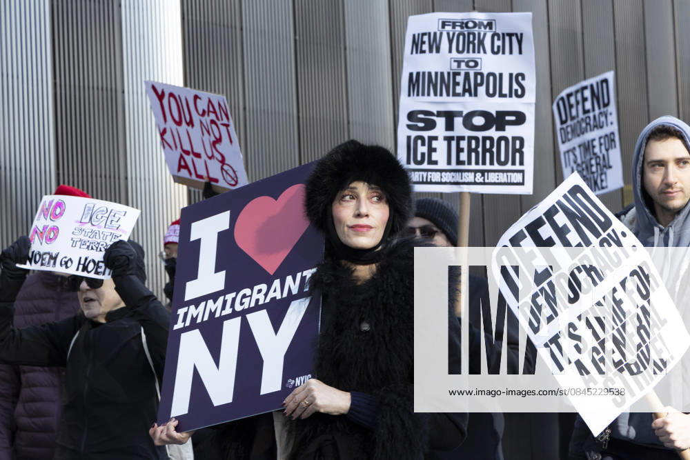 Anti-ICE demonstrators picket outside of Department of Homeland Security Secretary K. Noem s press conference at One World Trade Center in Lower Manhattan. Protesters hold signs that read I love IMMIGRANT NY NYIC DEFEND DEMOCRACY IT S TIME FOR A GENERAL STRIKE! FROM NEW YORK New York TO MINNEAPOLIS STOP ICE TERROR YOU CAN NOT KILL US ALL NO ICE NO New York TERROR NOEM GO HOEM. Noem s New York City appearance occurs the day following the shooting and killing of R. Good, a legal observer in Minneapolis by an ICE agent. Hands Off New York City and coalition members demonstrate in solidarity with people in Minneapolis and across the country who are standing up to ICE. New York USA - ZUMAr174 20260108_znp_r174_030