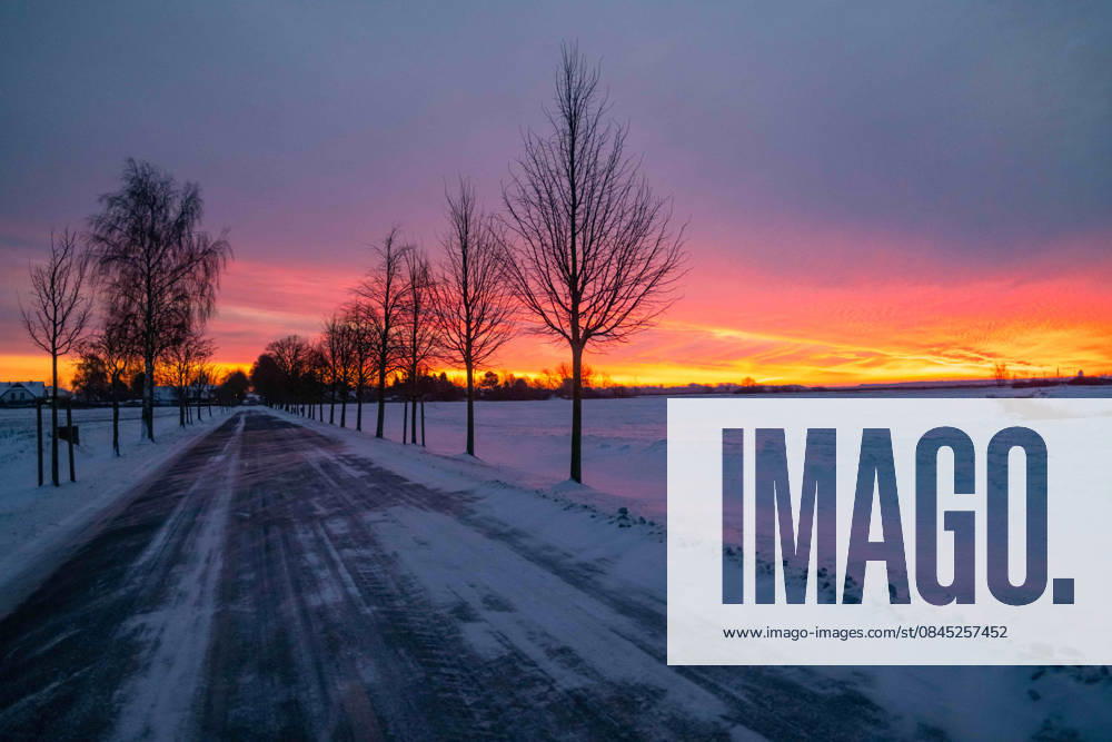 Rostock, Germany 09 January 2026 In the picture A narrow country road runs through a wintry landscape in the district of Rostock The edge of the road and the adjacent fields are covered with snow, bare trees stand along the road On the horizon, an intense sunrise or sunset colors the sky