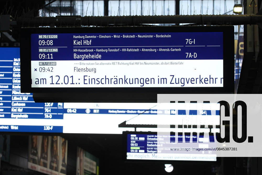 A train destination display at Hamburg Central Station on Monday morning indicates possible weather-related restrictions on train services St Georg Hamburg