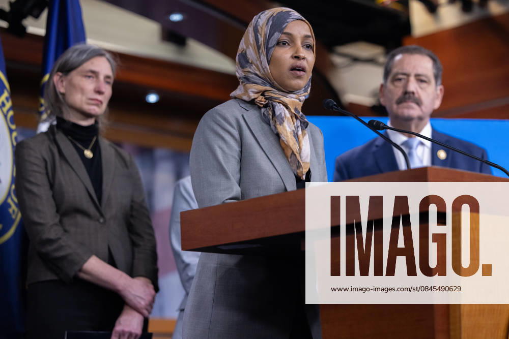 CPC DHS Presser WASHINGTON, DC - JANUARY 13: Congresswoman Ilhan Omar (D-MN) speaks at a press conference with other members of the Congressional Progressive Caucus on funding for and efforts to reform the Department of Homeland Security, in Washington, DC on, January 13, 2026. Nathan Posner Anadolu Washington United States. Editorial use only. Please get in touch for any other usage.