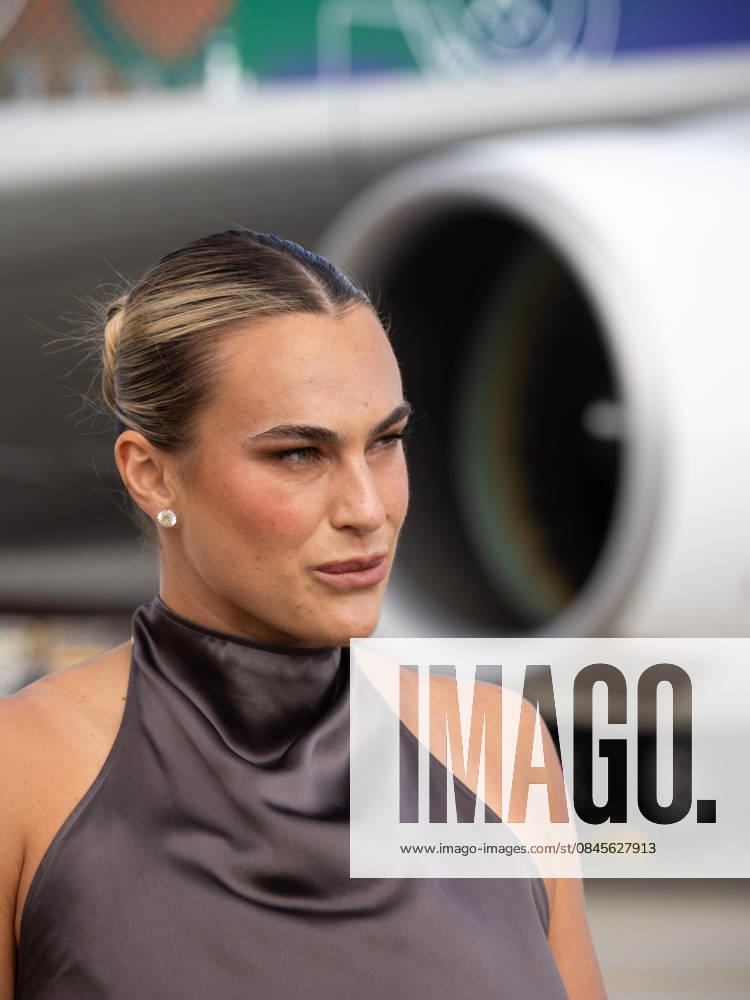 Aryna Sabalenka addresses media in front of Grand Slam Tennis livery Emirates Airbus A380. Aryna Sabalenka of Belarus, ranked number one in the world, arrives at Melbourne Tullamarine International Airport for the Australian Open, announcing partnership with Emirates Airlines. Melbourne Australia - ZUMAs197 20260115_aaa_s197_338