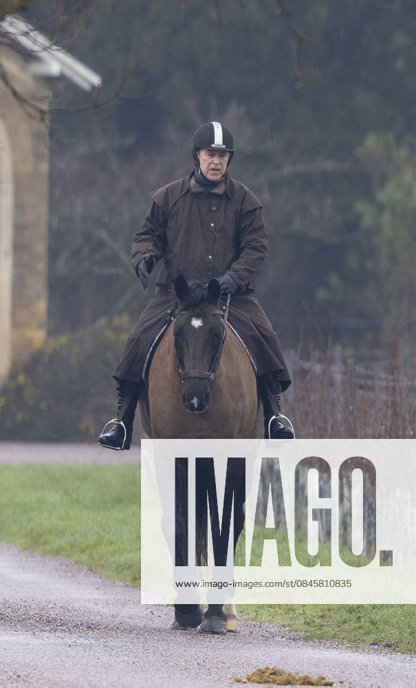 Andrew Mountbatten Windsor 19 01 2026 Andrew Mountbatten Windsor rides with a groom on the Windsor Estate.