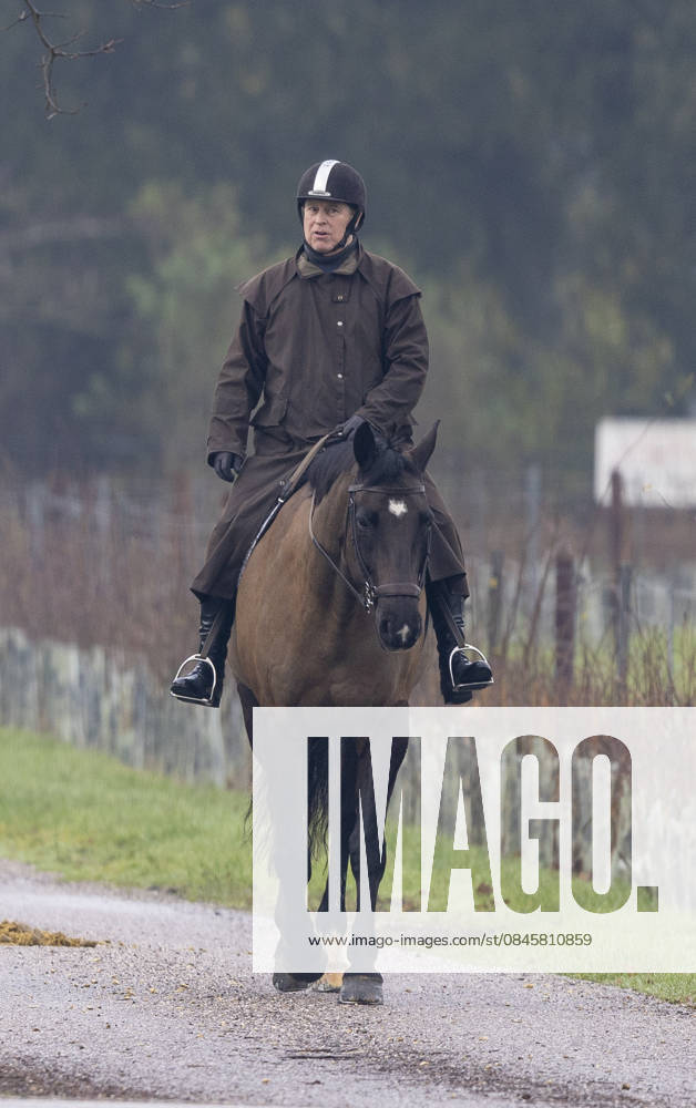 Andrew Mountbatten Windsor 19 01 2026 Andrew Mountbatten Windsor rides with a groom on the Windsor Estate.