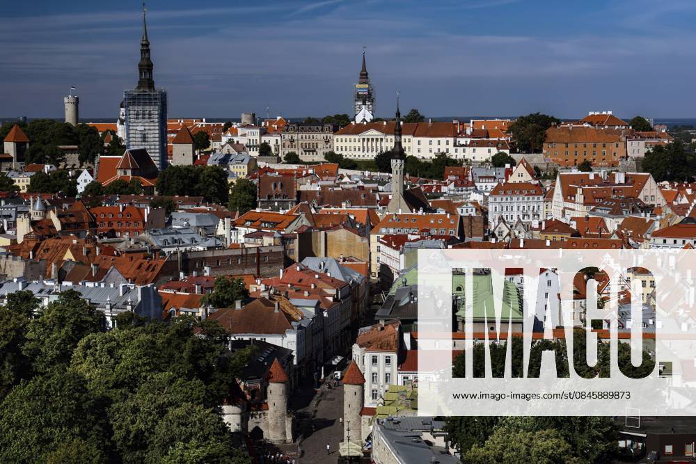 Panorama der Altstadt von Tallinn mit Kirchtürmen und historischen Gebäuden, blauer Himmel, Tallinn, Harju, Estland Panorama of Old Tallinn with church towers and historic buildings, blue sky, Tallinn, Harju, Estonia