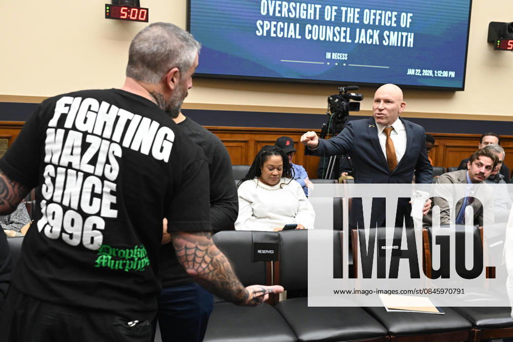 Former Capitol Police officer Michael Fanone stands up to address provocative remarks from right wing provocateur and influencer Ivan Raiklin during a break in the House Committee on the Judiciary hearing entitled Oversight of the Office of Special Counsel in the Rayburn House office building in Washington DC, on Thursday January 22, 2026. Fanones shirt reads Fighting Nazis Since 1996 which is a slogan of the band the Dropkick Murphys Washington USA - ZUMAs152 20260122_faa_s152_084