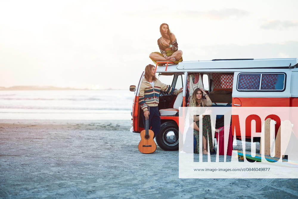 Beach, friends and thinking on holiday, van and bonding on adventure, road trip and relax in nature. Outdoor, space and people on summer vacation with vehicle, travel and calm on break or reflection. model released property released