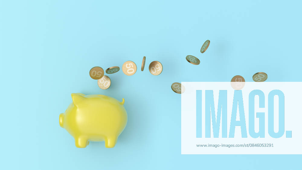 Yellow piggy bank and coins in 3D rendering on blue background, UWF02429