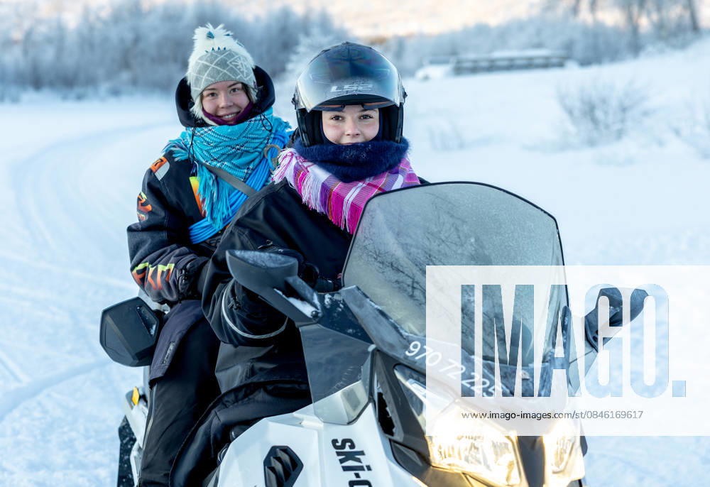 Norway Princess Ingrid Alexandra arriving at Jergul Mountain Lodge by snowmobile in Karasjok. Â