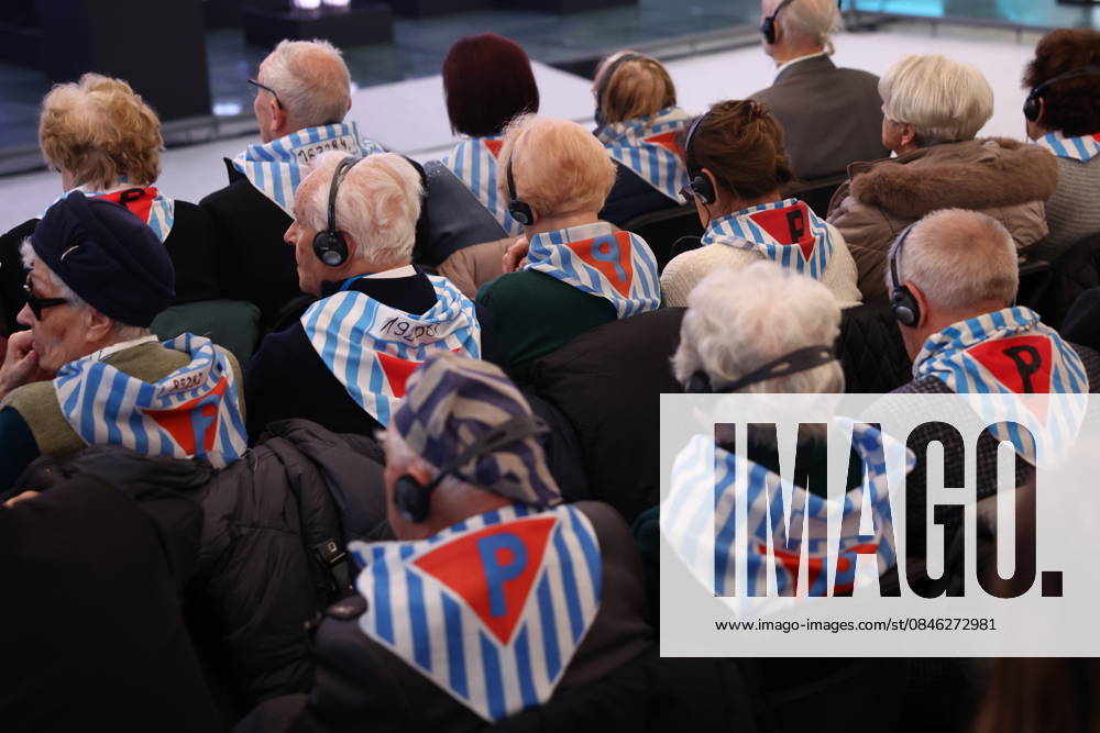 Holocaust remembrance ceremony at Auschwitz-Birkenau OSWIECIM, POLAND - JANUARY 27: Survivors of the Auschwitz-Birkenau Nazi German concentration and extermination camp, wearing symbolic striped scarves marked with the letter P for Polish political prisoners and their former prisoner numbers, attend an official ceremony marking the 81st anniversary of the camp s liberation and International Holocaust Remembrance Day in Oswiecim, Poland, on January 27, 2026. Jakub Porzycki Anadolu Oswiecim Poland. Editorial use only. Please get in touch for any other usage.