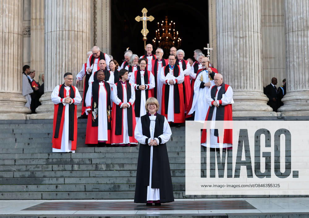 Sarah Mullally stands on the steps of St Paul’s cathedral after being confirmed as the new Archbishop of Canterbury.