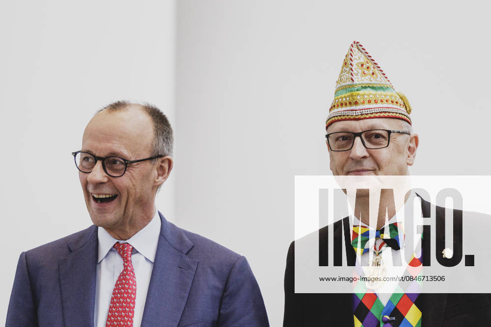 L R Friedrich Merz CDU , Federal Chancellor, and Klaus Ludwig Fess, President of the Bund Deutscher Karneval e V , taken during the traditional carnival reception at the Federal Chancellery in Berlin, 03 02 2026 Berlin Germany