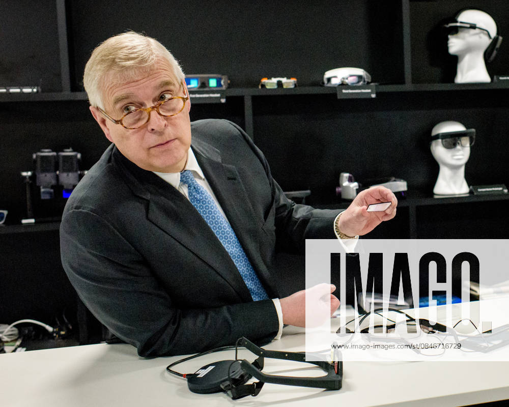 Andrew Mountbatten-Windsor, The Duke of York at WaveOptics, where he opened their new head-offices in Milton Park, Oxfordshire. Prince Andrew toured the facilities and tried their wave guides glasses before unvailing the plake. WaveOptics is one of the worlds leading designer and manufacturer of augmented reality (AR) devices. 29th April 2019 CAP CAM Andre Camara