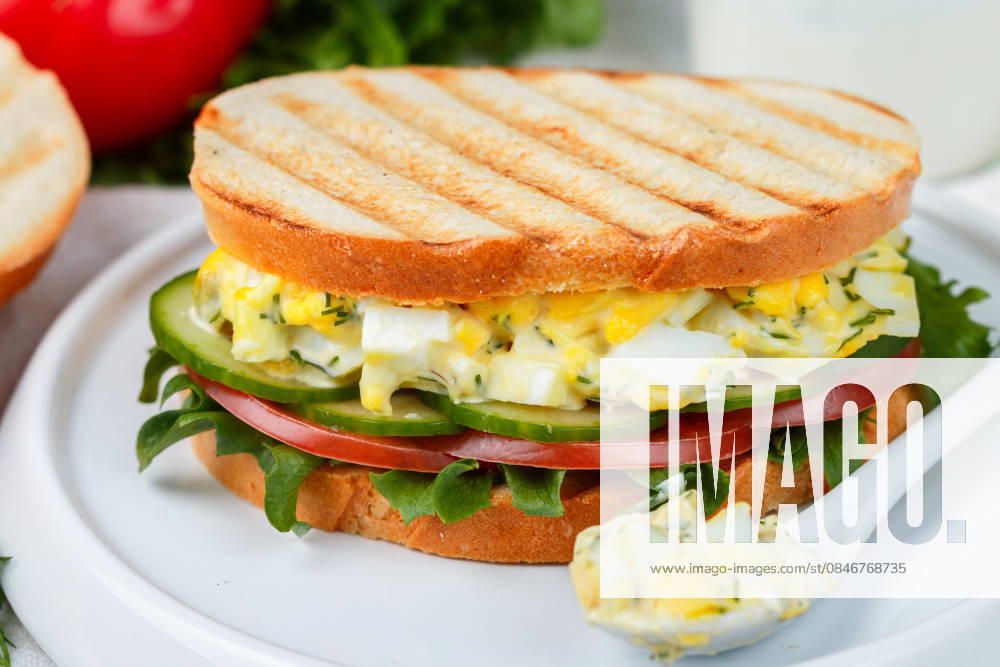 Sandwich mit Eiersalat, Salat, Tomaten, Gurken und Dill. Gourmet-Frühstück. Selektiver Fokus Sandwich mit Eiersalat, Salat, Tomaten, Gurken und Dill. Gourmet-Frühstück. Selektiver Fokus (License=RF)