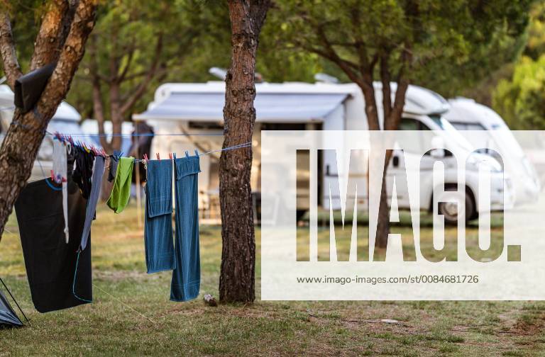 Pula THEME PICTURE Clothes and towels drying on a wadder rope taken on 26 June 2018 in Pula Croatia Clothes Drying On Ropes infront of a camper Pula Croatia on 2018 06 26 EX_FEI