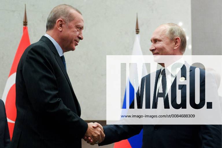 JOHANNESBURG, SOUTH AFRICA â€“ JULY 26, 2018: The President of Turkey, Recep Erdogan (L), and the President of Russia, Vladimir Putin, shake hands during a meeting at the 10th BRICS Leaders Summit. Vladimir Astapkovich RIA Novosti TASS TS08AD0B