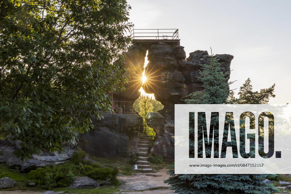 Töpfer rock gate with sun passage at the summer solstice, Mount Töpfer near Oybin, sun sanctuaries of Upper Lusatia, Zittau Mountains, Saxony, Germany