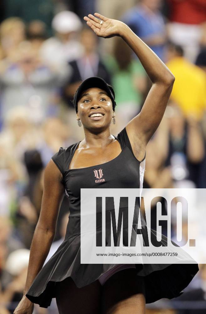 Venus Williams reacts after match point in her straight sets victory on day in Arthur Ashe Stadium at the U.S. Open Tennis Championships Stadium at the Billie Jean King National Tennis Center in New York City on August 29, 2011. NYP20110829133