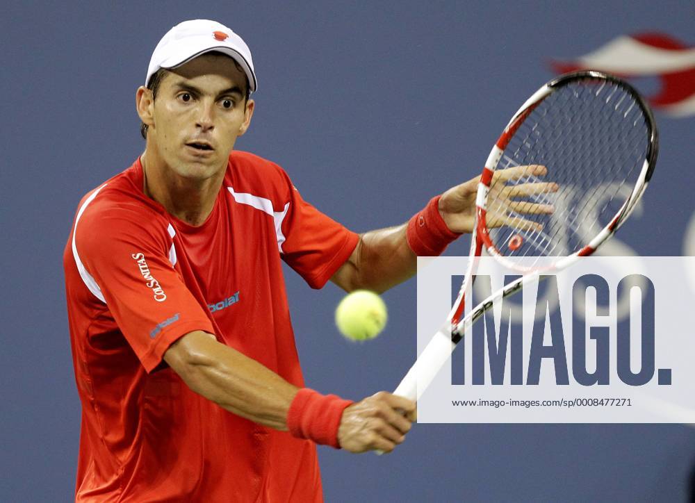 Santiago Giraldo of Colombia hits backhand in his match on day in Arthur Ashe Stadium at the U.S. Open Tennis Championships Stadium at the Billie Jean King National Tennis Center in New York City on August 29, 2011. NYP20110829137