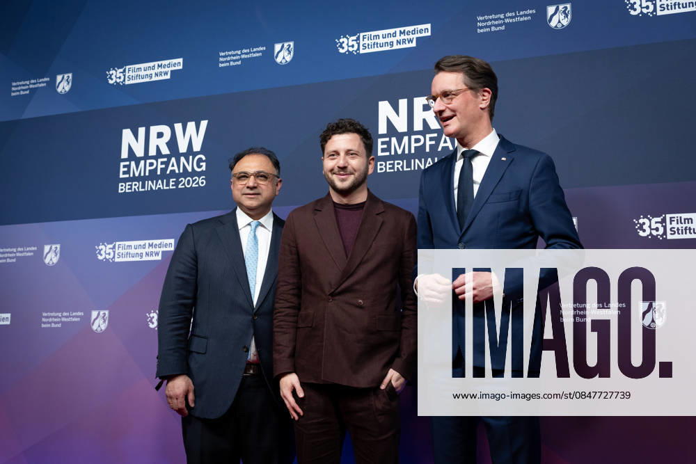 23 NRW Reception, Berlinale 23 NRW Reception, Berlinale, State Representation, Berlin, Hendrik Wüst, Minister President, North Rhine-Westphalia, Walid Nakschbandi, Managing Director, Film und Medienstiftung NRW, Felix Banaszak, Member of the Bundestag, Bündnis 90 Die Grünen Berlin Berlin GER