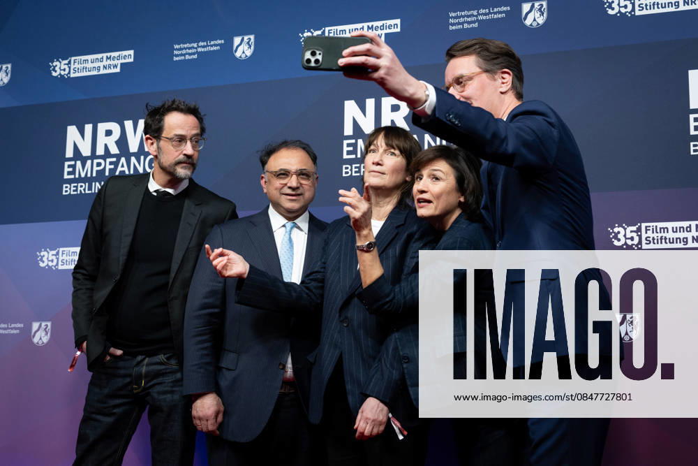 23 NRW Reception, Berlinale 23 NRW Reception, Berlinale, State Representation, Berlin, Hendrik Wüst, Minister President, North Rhine-Westphalia, Walid Nakschbandi, Managing Director, Film und Medienstiftung NRW, Selfie, Sandra Maischberger Berlin Berlin GER
