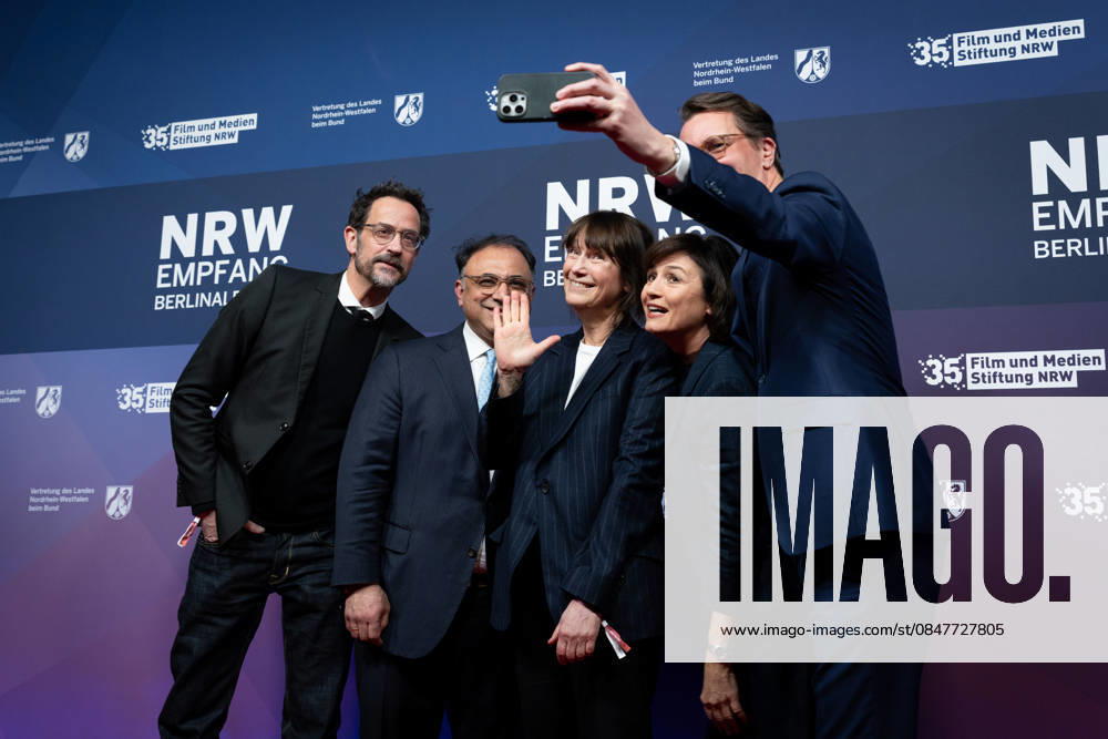 23 NRW Reception, Berlinale 23 NRW Reception, Berlinale, State Representation, Berlin, Hendrik Wüst, Minister President, North Rhine-Westphalia, Walid Nakschbandi, Managing Director, Film und Medienstiftung NRW, Selfie, Sandra Maischberger Berlin Berlin GER