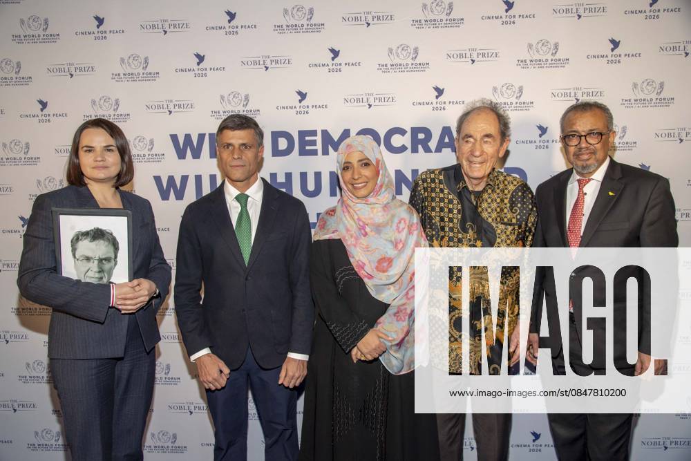 Svetlana Tikhanovskaya, Leopoldo Lopez, Tawakel Karman, Albie Sachs and Tedros Adhanom Ghebreyesus as guests at the Cinema For Peace Gala 2026 at the Hotel Adlon Kempinski on 16 02 2026 in Berlin Berlin Germany