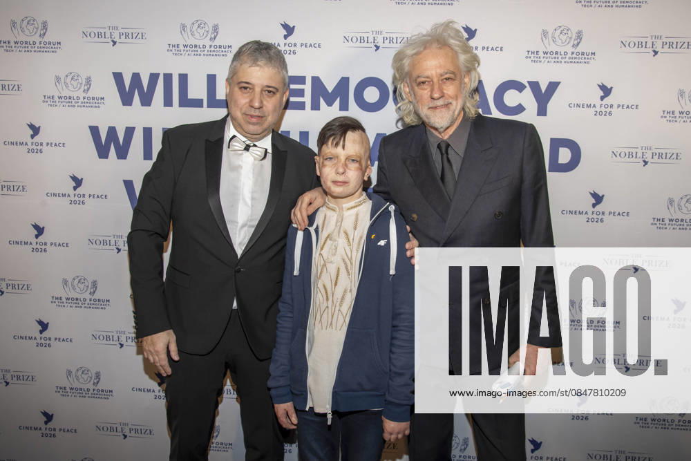 Evgeny Afineevsky, Roman Oleksiv and Bob Geldof as guests at the Cinema For Peace Gala 2026 at the Hotel Adlon Kempinski on 16 02 2026 in Berlin Berlin Germany
