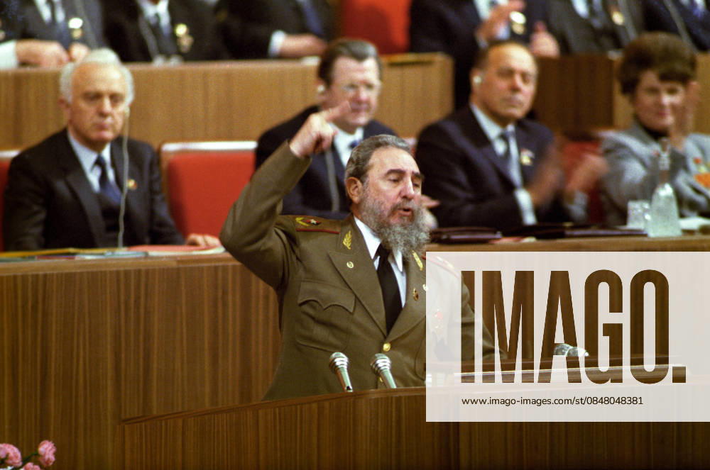 27th Congress of USSR Communist Party. Cuban leader Fidel Castro during speech 9104929 27.02.1986 The 27th Congress of the USSR Communist Party, February 25 - March 6, 1986. Moscow, Kremlin Palace of Congress (now State Kremlin Palace). Fidel Castro, Chair of the Council of Ministers of Cuba, Chair of the State Council of Cuba and First Secretary of the Central Committee of the Cuban Communist Party, during speech. Yuryi Abramochkin Sputnik Moscow Russia