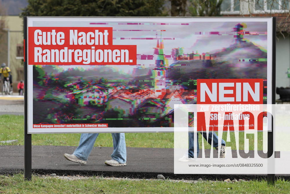 Aarau, SWITZERLAND, A No poster for the destructive SRG initiative halving initiative referendum of March 8, 2026