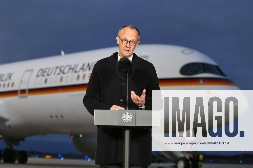 Schönefeld near Berlin, Brandenburg, Germany, 24 02 2026 BER Airport Trip to China Federal Chancellor Friedrich Merz CDU during a statement before departure