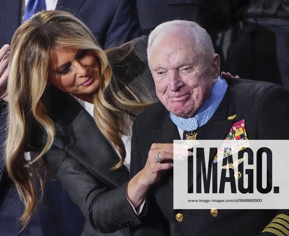 #2 100 year old Naval Aviator Royce Williams is presented the Congressional Medal of Honor by First Lady Melania Trump as President Donald Trump delivers his State of the Union address during a joint session of Congress in the House Chamber at the U.S. Capitol in Washington, DC on Tuesday, February 24, 2026. Dozens of Democrats have boycotted the speech and are attending an alternative rally called the People s State of the Union held on the National Mall. WAP20260224447 BONNIExCASH