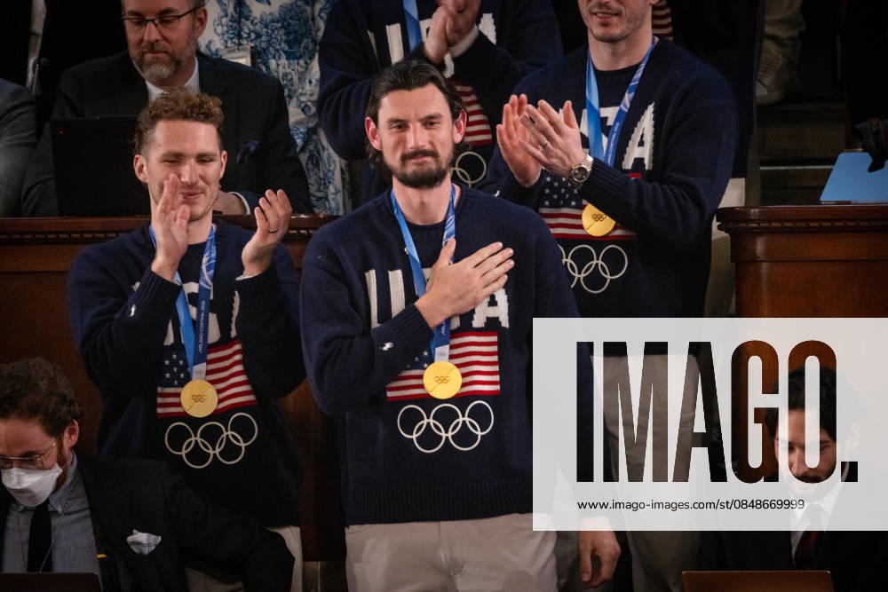 #2 Trump State of the Union WASHINGTON, DC - FEBRUARY 24: Connor Hellebuyck and other members of the U.S. Men’s Hockey team receive a standing ovation as President Donald Trump delivers his State of the Union address to a joint session of Congress in the chambers of the U.S. House of Representatives in Washington, DC on February 24, 2026. Nathan Posner Anadolu Washington DC United States. Editorial use only. Please get in touch for any other usage.
