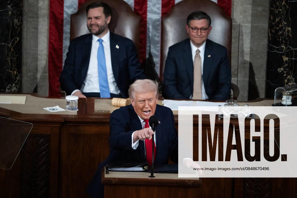 #2 Trump SOTU TW 2026 UNITED STATES - FEBRUARY 24: President Donald Trump delivers his State of the Union address in the House Chamber of the U.S. Capitol on Tuesday, February 24, 2026. Vice President JD Vance, left, and Speaker of the House Mike Johnson, R-La., also appear. (Tom Williams CQ Roll Call) Washington DC United States